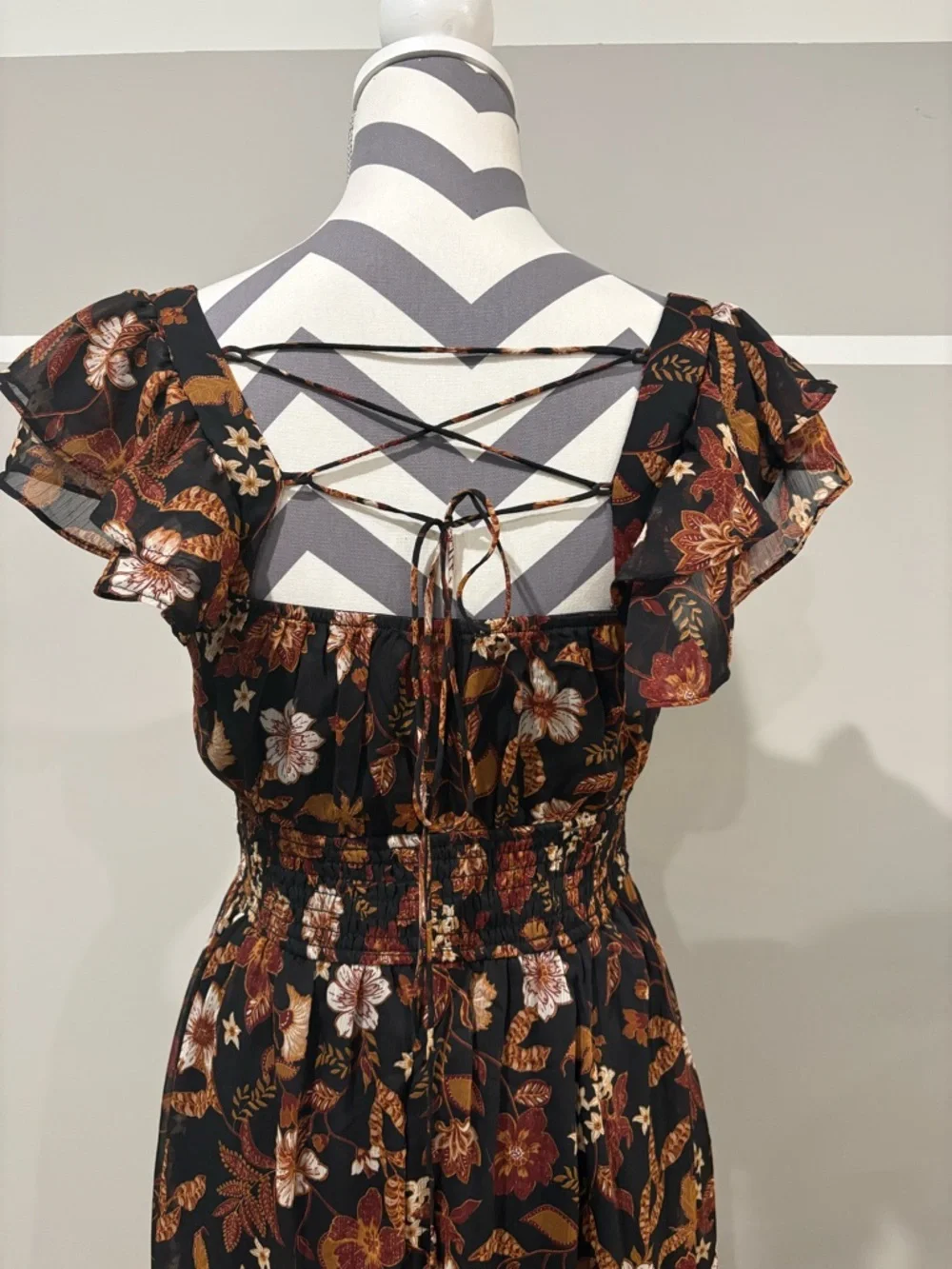 Blu Pepper Brown Floral Maxi Dress with Rust and Cream Accents